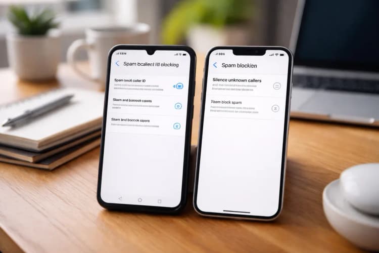 Ilustrasi layar ponsel Android dan iPhone berdampingan, menunjukkan menu pengaturan blokir spam dan notifikasi dari aplikasi Truecaller