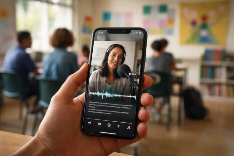 Ilustrasi layar iPhone menampilkan subtitle otomatis berjalan di atas rekaman wawancara audio, dengan latar belakang ruang kelas dan poster inklusi di dinding
