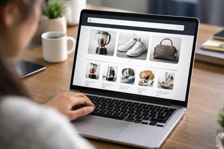 Ilustrasi antarmuka pencarian Amazon dengan tiga kolom gambar hasil generasi AI di bagian atas hasil, di bawahnya daftar produk nyata dengan thumbnail foto asli