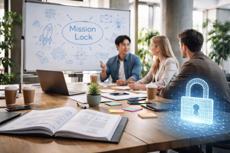 Ilustrasi ruang rapat startup dengan whiteboard bertuliskan 'Mission Lock', dokumen anggaran dasar terbuka, dan simbol kunci digital di sudut