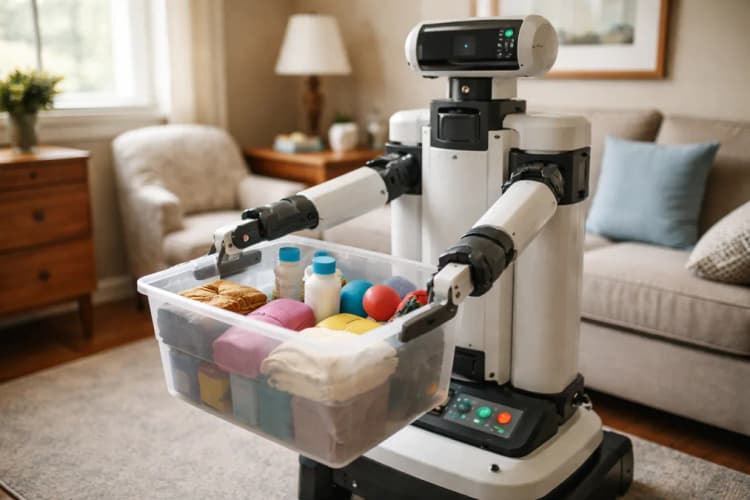 Ilustrasi robot Stretch v4 sedang mengangkat kotak berisi perlengkapan terapi di ruang perawatan lansia, dengan label modul gripper dan panel kontrol terlihat jelas
