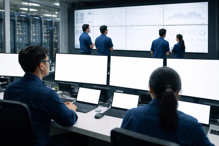 Ilustrasi pusat data Singtel di Jurong dengan panel kontrol berbasis AI dan tim teknis sedang memantau dashboard analitik waktu nyata