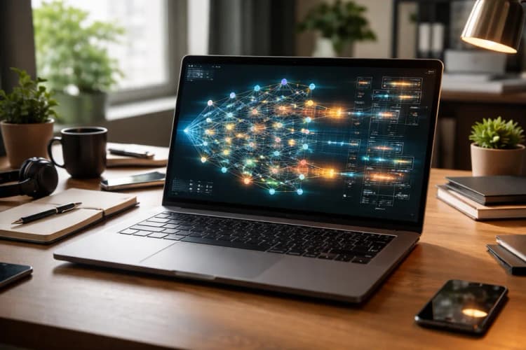 Ilustrasi laptop terbuka di meja kerja dengan visualisasi real-time neural network layer dan diagram alur data lokal