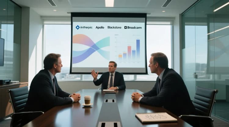 Ilustrasi ruang rapat di Silicon Valley dengan layar proyektor menampilkan grafik pembiayaan dan logo Anthropic, Apollo, Blackstone, serta Broadcom