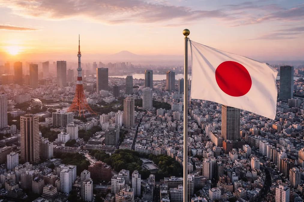 Japanese flag over Tokyo skyline: M&A Jepang 2024: Peta Strategi untuk Startup AI Asia