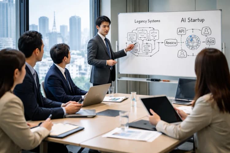 Ilustrasi ruang rapat di Tokyo dengan papan putih berisi diagram integrasi API antara sistem legacy bank Jepang dan antarmuka startup AI