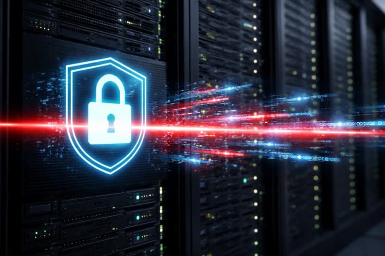 Ilustrasi server perusahaan Indonesia dengan ikon 'lock' dan gelombang serangan digital berbentuk teks prompt yang terhalang oleh garis merah