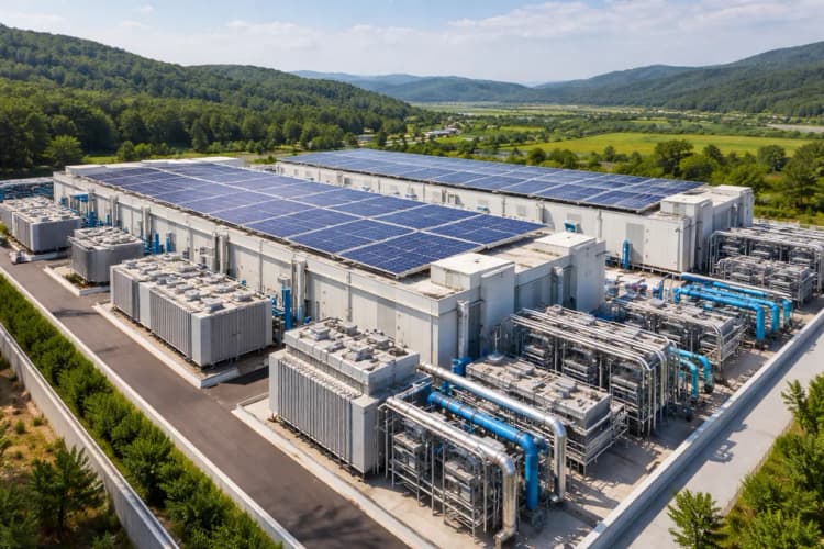 Ilustrasi fasilitas data center modular di Paju dengan panel surya di atap dan sistem pipa pendingin hibrida tampak jelas