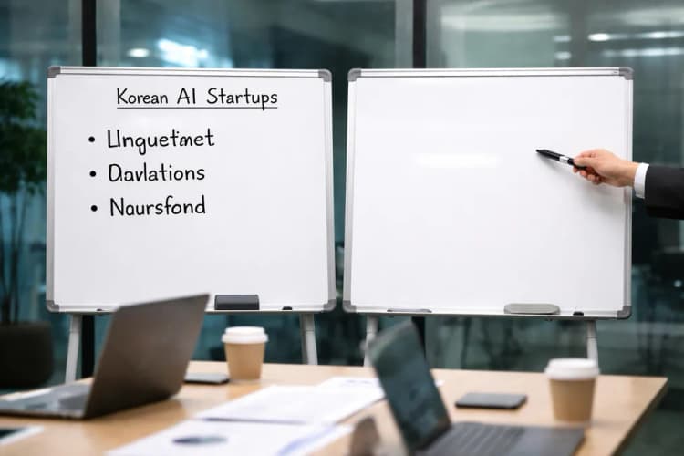 Ilustrasi perbandingan dua papan tulis: satu berisi daftar nama startup Korea yang sudah diakuisisi (LinguaTech, DataPulse, NeuroGrid), satunya kosong dengan tulisan 'Indonesia: belum terdaftar'
