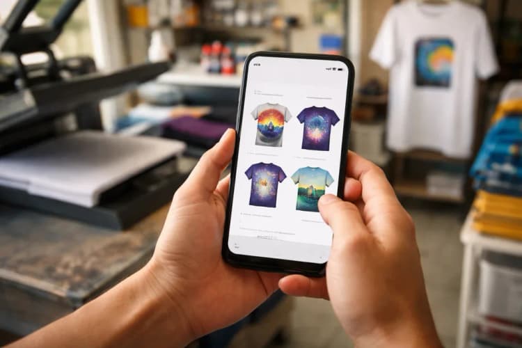 Ilustrasi layar ponsel menunjukkan antarmuka Amazon Shopping dengan tiga varian desain kaos hasil AI, latar belakang studio cetak kecil di Bandung