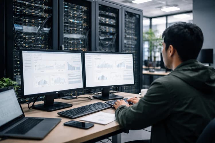 Ilustrasi ruang server lokal di kantor startup Bandung dengan monitor menampilkan dashboard integrasi OJK dan DJP