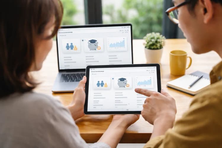 Ilustrasi antarmuka Recompound menampilkan dashboard personal dengan ikon keluarga, tabungan pendidikan, dan proyeksi inflasi — tanpa grafik candlestick atau indikator teknikal