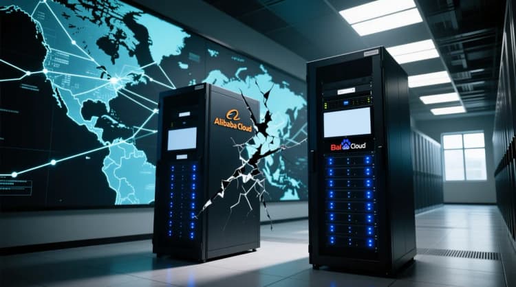 Ilustrasi dua server rack berlabel 'Alibaba Cloud' dan 'Baidu Cloud', dengan latar belakang peta Asia Tenggara dan garis-garis koneksi digital yang terputus di arah Amerika Serikat