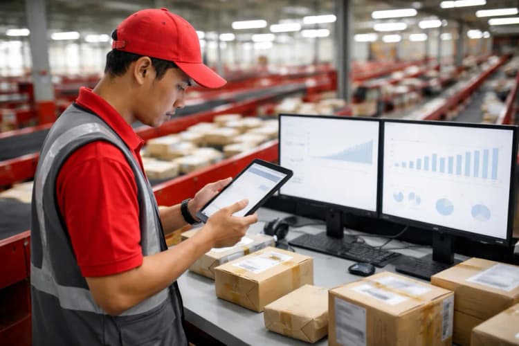 Ilustrasi pusat sortir mikro J&T di kota kabupaten Jawa Barat dengan petugas memindai paket menggunakan tablet dan layar dashboard berisi grafik real-time