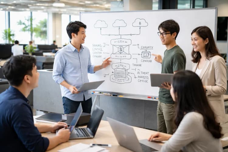 Ilustrasi kolaborasi antara tim developer Samsung SDS dan founder startup AI di ruang kerja terbuka dengan papan tulis berisi diagram integrasi Cloud Security Manager dan alur data ancaman