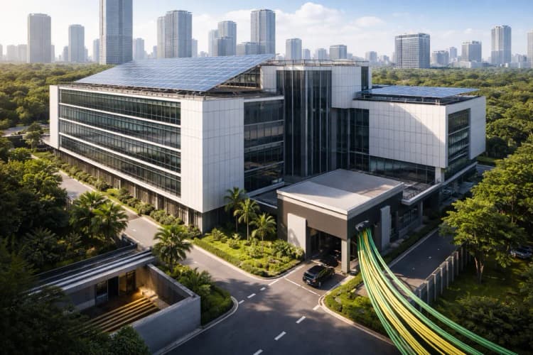 Ilustrasi kampus data STT GDC di Jakarta Selatan dengan fasad modern, panel surya di atap, dan kabel fiber optik masuk ke gedung utama