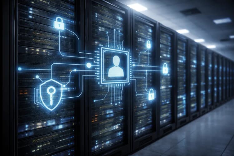 Ilustrasi server rack dengan ikon AI agent, kunci digital, dan garis alur autentikasi antara mesin-mesin