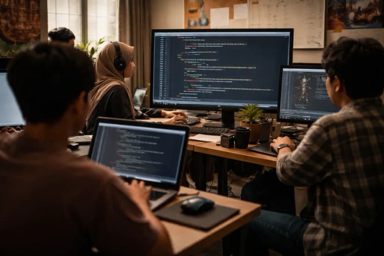 Ilustrasi studio game kecil di Bandung dengan layar menampilkan kode Python dan teks Bahasa Indonesia di antara baris model Llama
