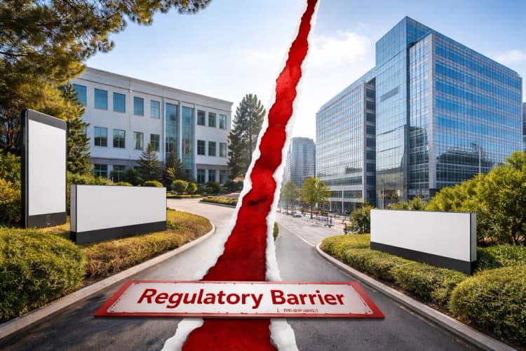 Ilustrasi kantor pusat Meta di Menlo Park dan gedung perkantoran Manus di distrik Zhangjiang, Shanghai, dipisahkan oleh garis merah tebal bertuliskan 'Regulatory Barrier'