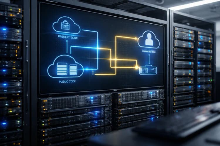 Ilustrasi server rack dengan diagram alur data berwarna biru dan kuning, menunjukkan koneksi antara sistem legacy, cloud publik, dan antarmuka kontrol manusia