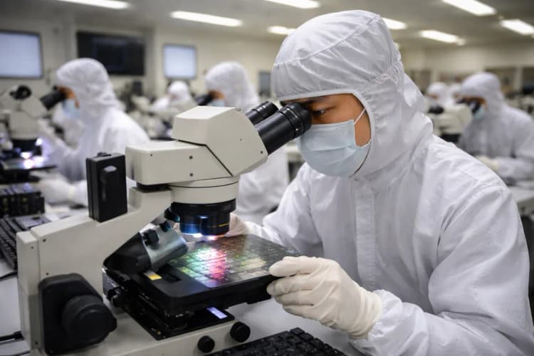 Ilustrasi ruang kelas Fab Academy TSMC di Hsinchu dengan peserta mengenakan overall putih dan masker, sedang mengamati wafer di bawah mikroskop elektron