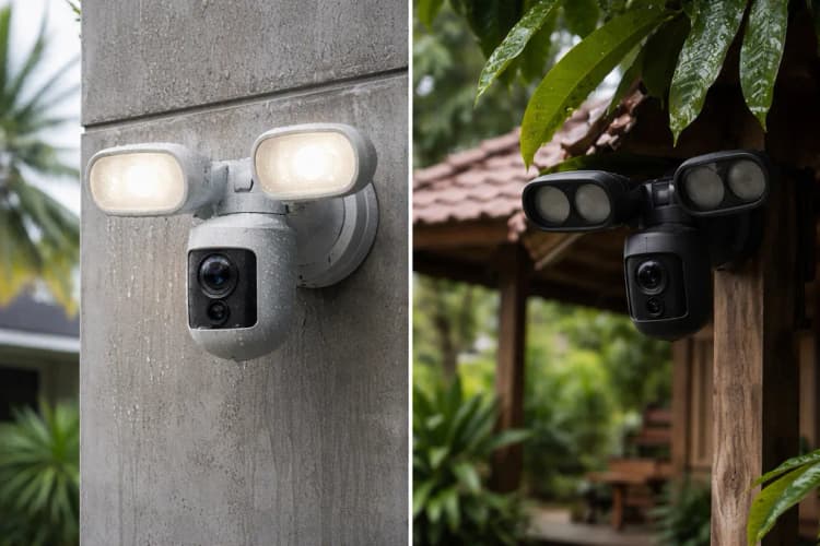 Ilustrasi perbandingan dua kamera floodlight: satu terpasang di dinding beton rumah modern Jakarta dengan kondisi housing berembun, satunya lagi di halaman rumah tradisional Jawa dengan lampu floodlight mati dan daun mangga menutupi sudut pandang