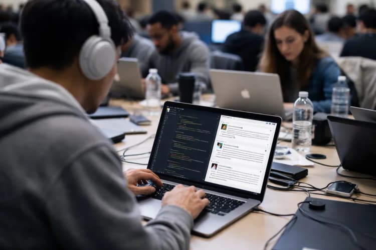 Ilustrasi ruang kerja karyawan Meta dengan layar laptop menampilkan kode Python dan notifikasi forum internal berisi komentar kritis