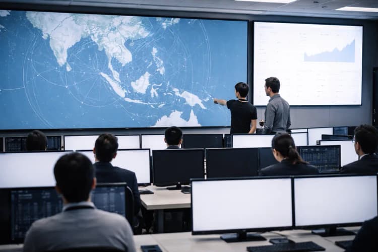Ilustrasi ruang kontrol Starlink di Singapura dengan layar menampilkan peta cakupan satelit dan dashboard pengguna aktif di Asia Tenggara