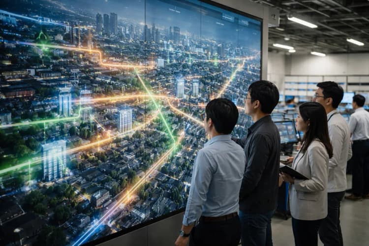 Ilustrasi pusat pengujian grid cerdas di Pohang dengan layar interaktif menampilkan simulasi aliran listrik di kota Jakarta Selatan