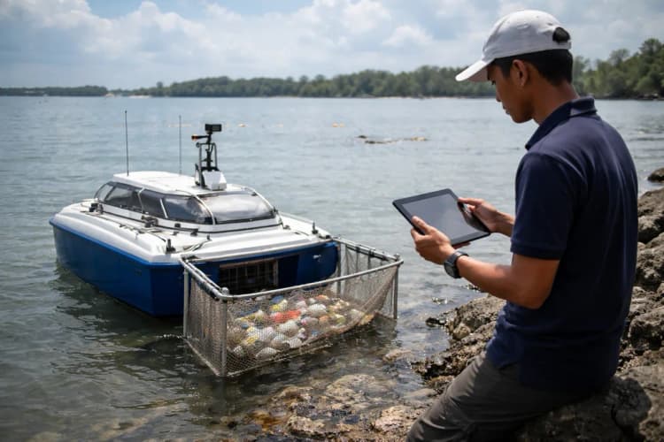 Ilustrasi kapal remote control ITS di tepi Teluk Benoa, dengan operator muda memegang tablet dan jaring pengumpul sampah terlihat tergantung di sisi lambung kapal