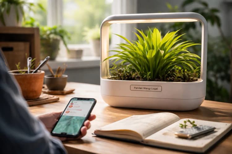 Ilustrasi meja kerja rumahan dengan smart planter, ponsel menampilkan notifikasi 'Daun Stres Terdeteksi', dan pot tanaman dengan label 'Pandan Wangi Lokal'