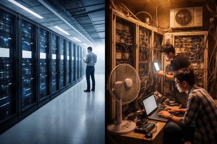 Ilustrasi perbandingan antara pusat data modern di Eropa dengan ruang server kecil di kampus Indonesia yang terlihat kelewat panas dan minim pendingin