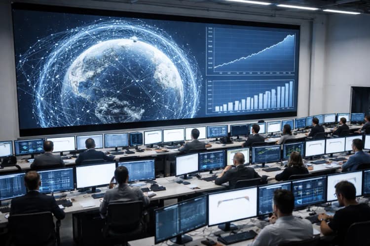Ilustrasi pusat kendali SpaceX di Hawthorne dengan layar besar menampilkan visualisasi jaringan Starlink dan grafik pertumbuhan pendapatan tahunan