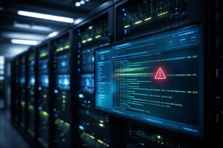 Ilustrasi server keamanan siber dengan antarmuka deteksi kode berwarna biru-hijau, menampilkan baris kode berlabel 'CVE-2024-XXXXX' dan ikon peringatan merah