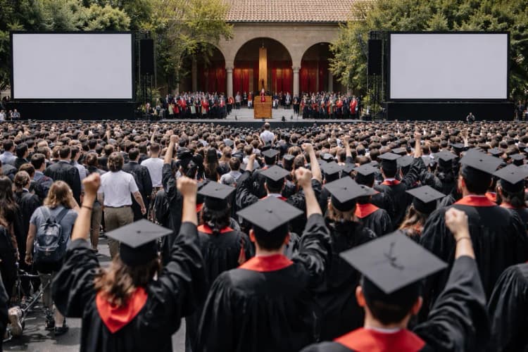 Ilustrasi ruang upacara wisuda Stanford dengan latar belakang layar digital menampilkan logo Google dan simbol protes tangan terangkat
