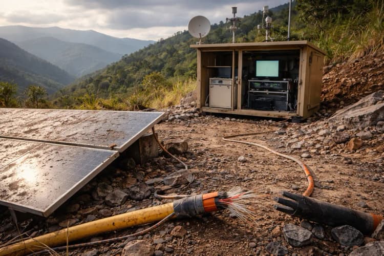 Ilustrasi stasiun seismograf di pegunungan Sulawesi Tengah dengan kabel serat optik terputus dan panel surya tertutup debu