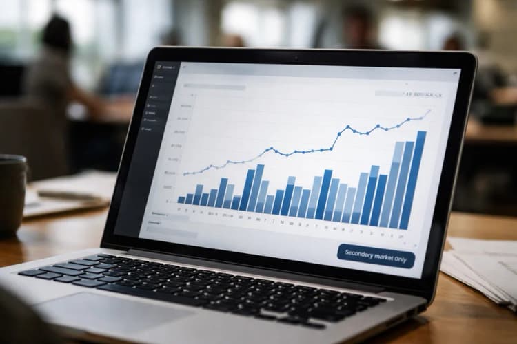 Ilustrasi layar laptop menampilkan halaman Forge Global dengan grafik volume perdagangan saham SpaceX dan notifikasi 'secondary market only' di sudut kanan bawah