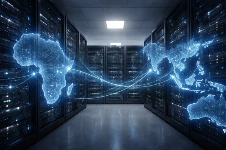 Ilustrasi server rack dengan peta Afrika dan Asia Tenggara terhubung melalui garis data biru, serta logo Flutterwave dan Ripple di sisi kiri-kanan