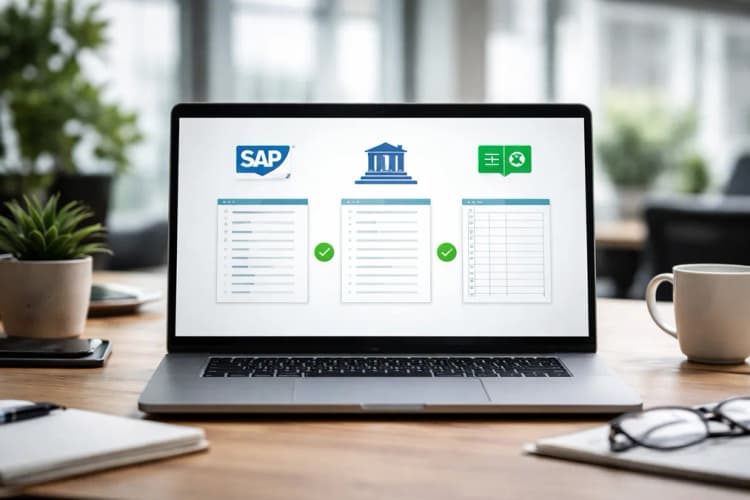 Ilustrasi dashboard Matchmade menampilkan tiga kolom data terintegrasi: SAP, laporan bank digital, dan spreadsheet Excel dengan ikon centang hijau di antaranya