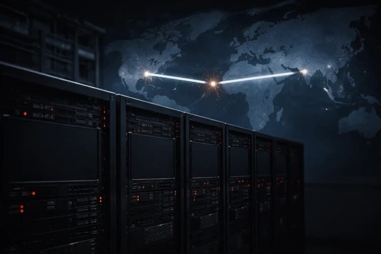 Ilustrasi server rack dengan lampu indikator merah padam, latar belakang peta dunia dengan garis koneksi dari AS ke Asia Tenggara terputus