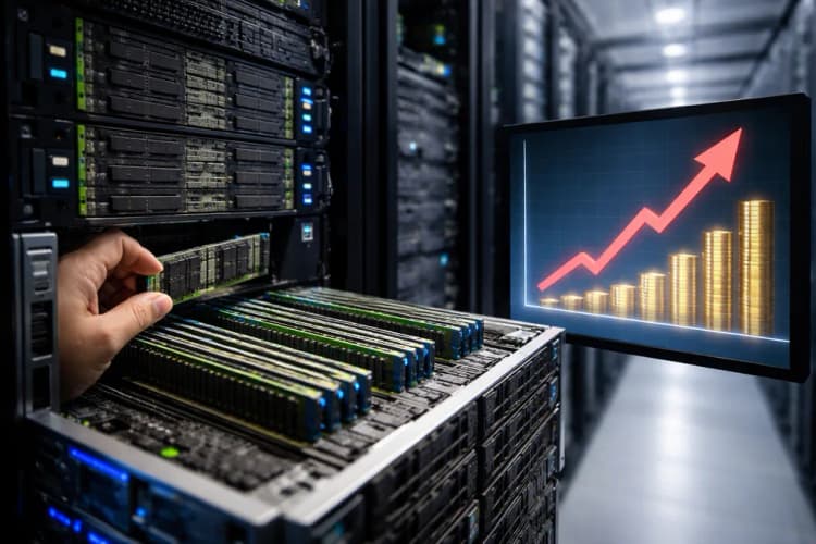 Ilustrasi rak server di pusat data Jakarta dengan label 'RAM DDR5' dan grafik kenaikan harga vertikal