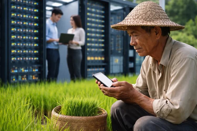 Ilustrasi perbandingan antara pusat data modern di Singapura dan petani di Jawa Timur menggunakan ponsel Android lama untuk mengakses aplikasi pertanian sederhana