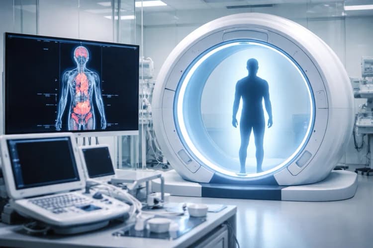 Ilustrasi laboratorium medis modern dengan cincin pemindai ultrasound berwarna putih metalik mengelilingi siluet manusia berdiri, layar di samping menampilkan irisan vertikal tubuh berwarna-warni