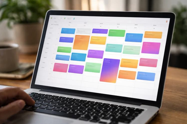 Ilustrasi layar Google Calendar dengan 12 acara berwarna berbeda, termasuk gradasi ungu dan oranye yang tidak tersedia di palet lama