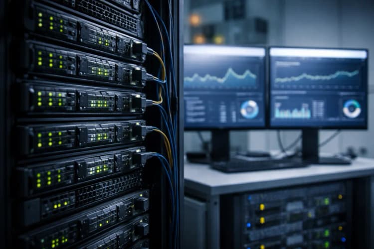 Ilustrasi server rack dengan lampu indikator hijau aktif, di latar belakang layar monitor menampilkan grafik latency dan throughput inferensi model AI