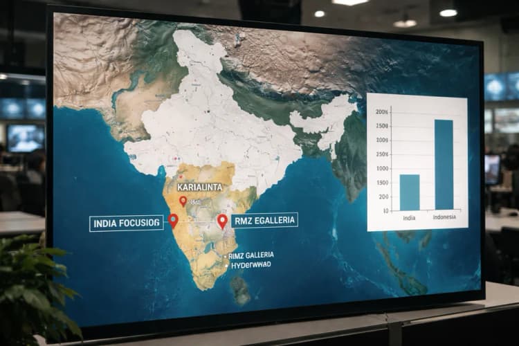 Ilustrasi peta India dengan titik-titik lokasi RMZ Ecoworld, RMZ Galleria, dan wilayah akuisisi lahan potensial di Karnataka dan Telangana, dilengkapi grafik perbandingan kapasitas data center India vs Indonesia (2023)