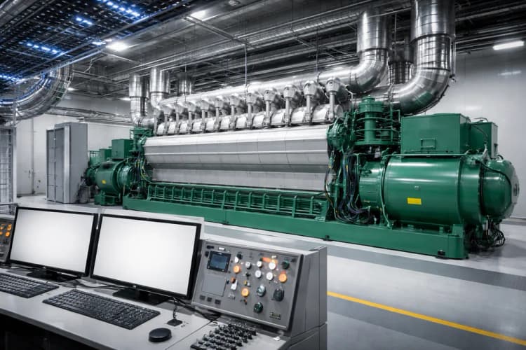 Ilustrasi mesin HiMSEN 20 MW di ruang genset modern dengan panel kontrol digital dan kabel fiber optik terhubung ke sistem manajemen energi pusat data