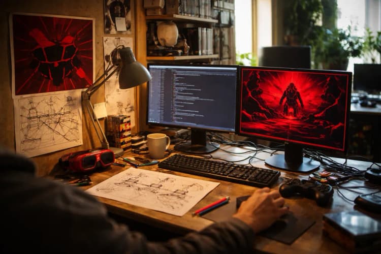 Ilustrasi studio indie kecil dengan layar monitor menampilkan kode Unity dan preview game 'Red Shift' berwarna merah-hitam, sementara di meja ada poster Virtual Boy dan sketsa tangan tentang sudut pandang stereoskopik