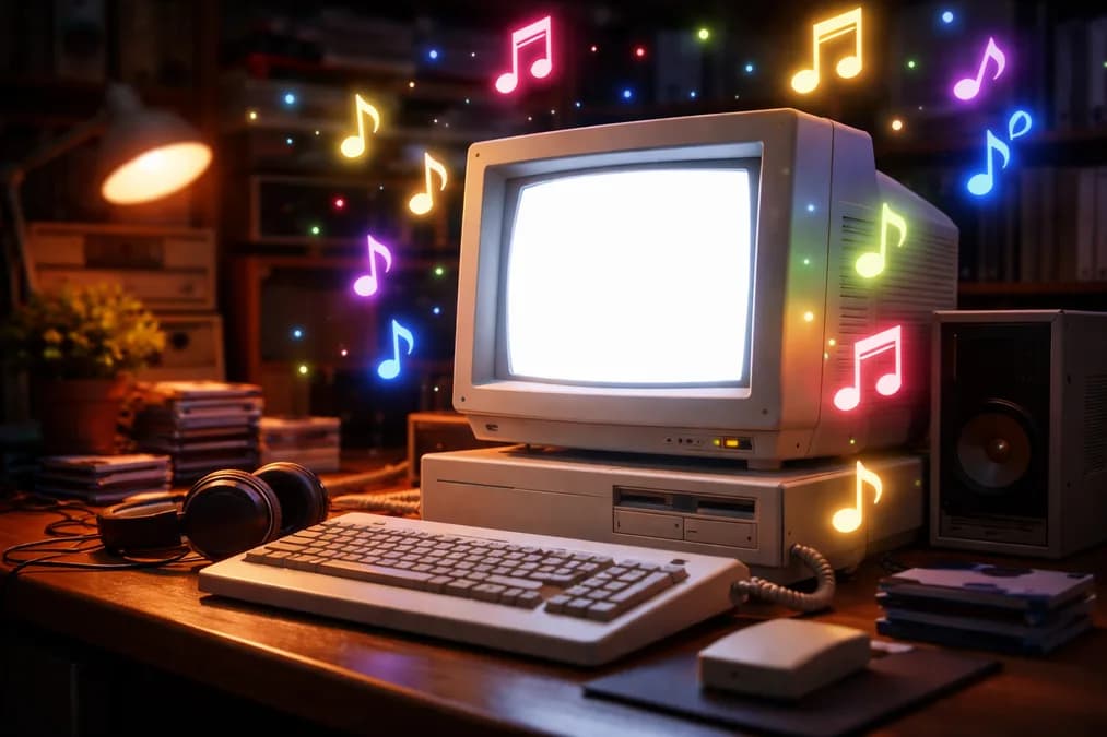 Computer with musical notes: Siapa yang Punya Hak atas Lagu di Mesin AI?