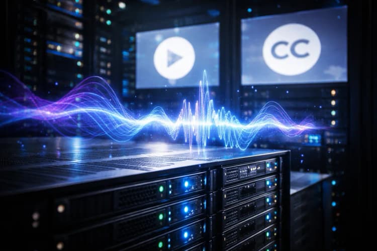 Ilustrasi server dengan gelombang suara digital dan logo Free Music Archive serta Creative Commons di latar belakang